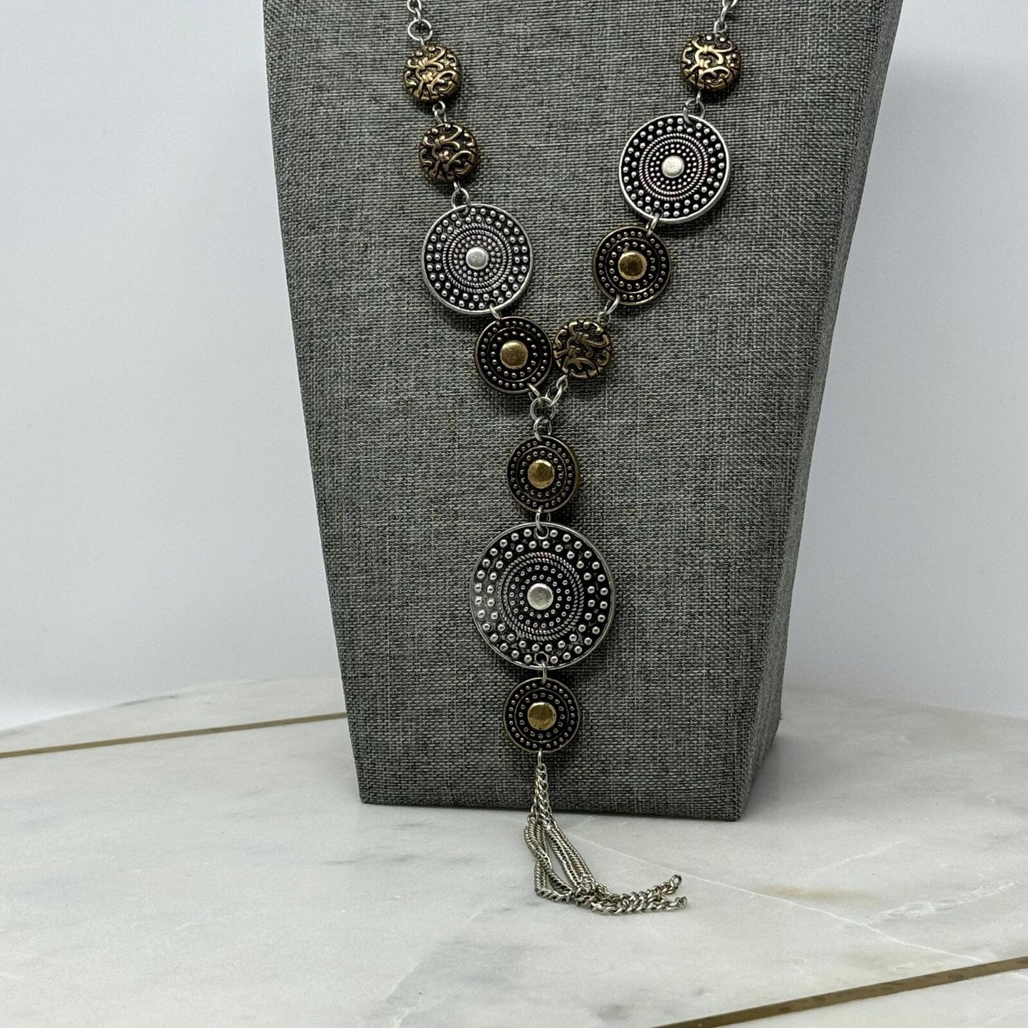 Tribal TwoTone Lariat Necklace Silver Brass Textured Intricate Medallions Tassel 20”