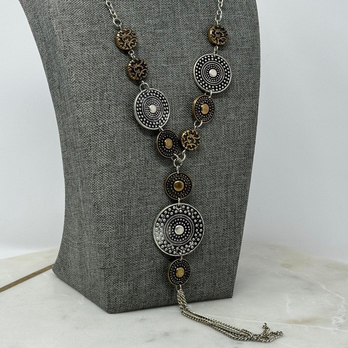 Tribal TwoTone Lariat Necklace Silver Brass Textured Intricate Medallions Tassel 20”