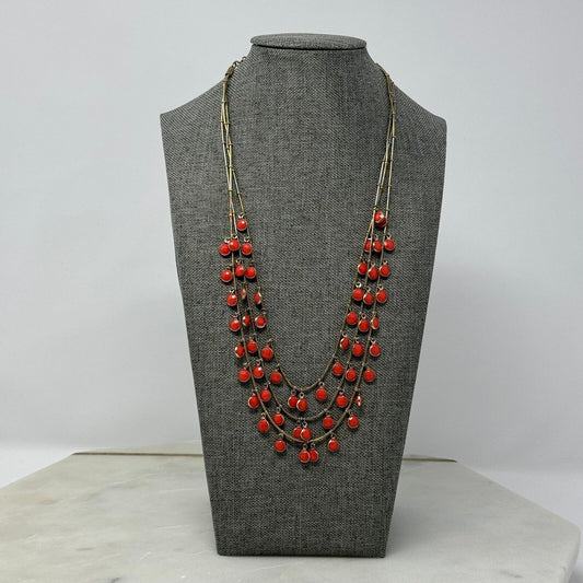 Orange & Gold Anne Klein Statement Necklace Bib Multi-Layer Fringe 18”
