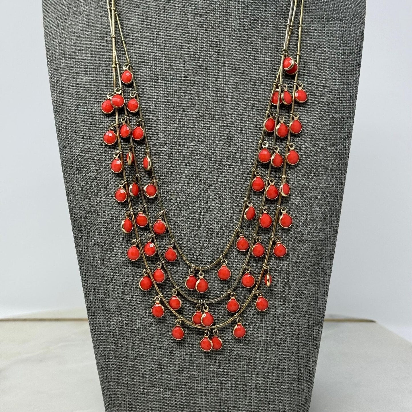 Orange & Gold Anne Klein Statement Necklace Bib Multi-Layer Fringe 18”