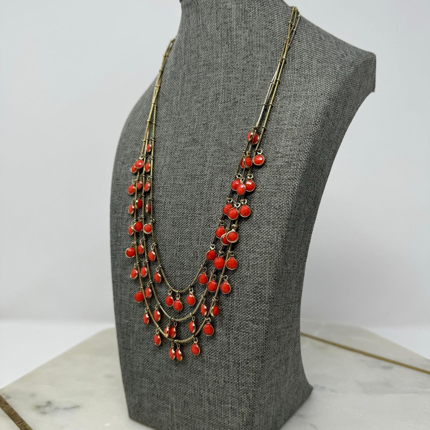 Orange & Gold Anne Klein Statement Necklace Bib Multi-Layer Fringe 18”