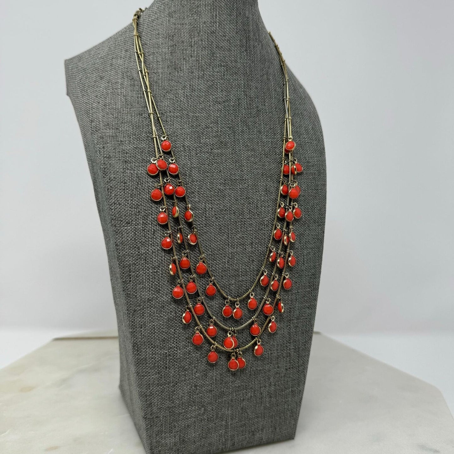 Orange & Gold Anne Klein Statement Necklace Bib Multi-Layer Fringe 18”