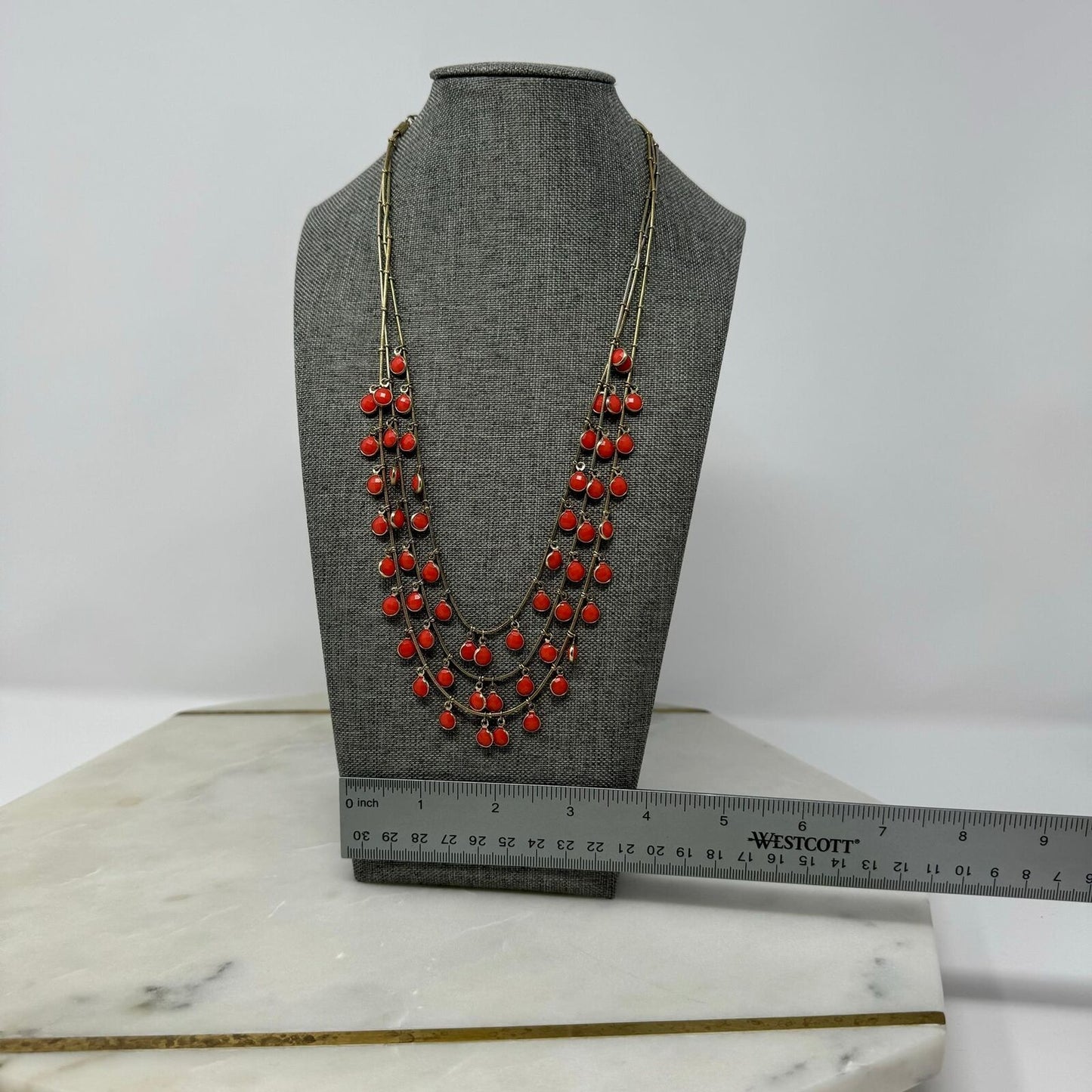 Orange & Gold Anne Klein Statement Necklace Bib Multi-Layer Fringe 18”