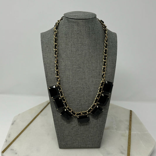 Glossy Large Black Gem Bib Statement Necklace Gold Chain Accent 18”