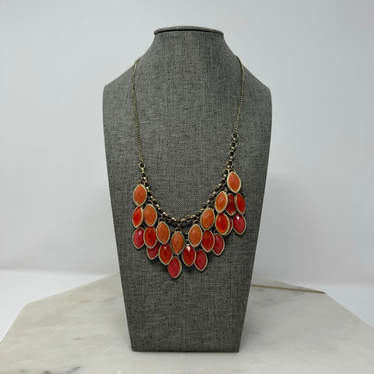 Orange Teardrop Gold Chain Bib Necklace Fringe Statement Rhinestone 18”