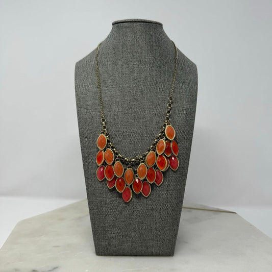 Orange Teardrop Gold Chain Bib Necklace Fringe Statement Rhinestone 18”