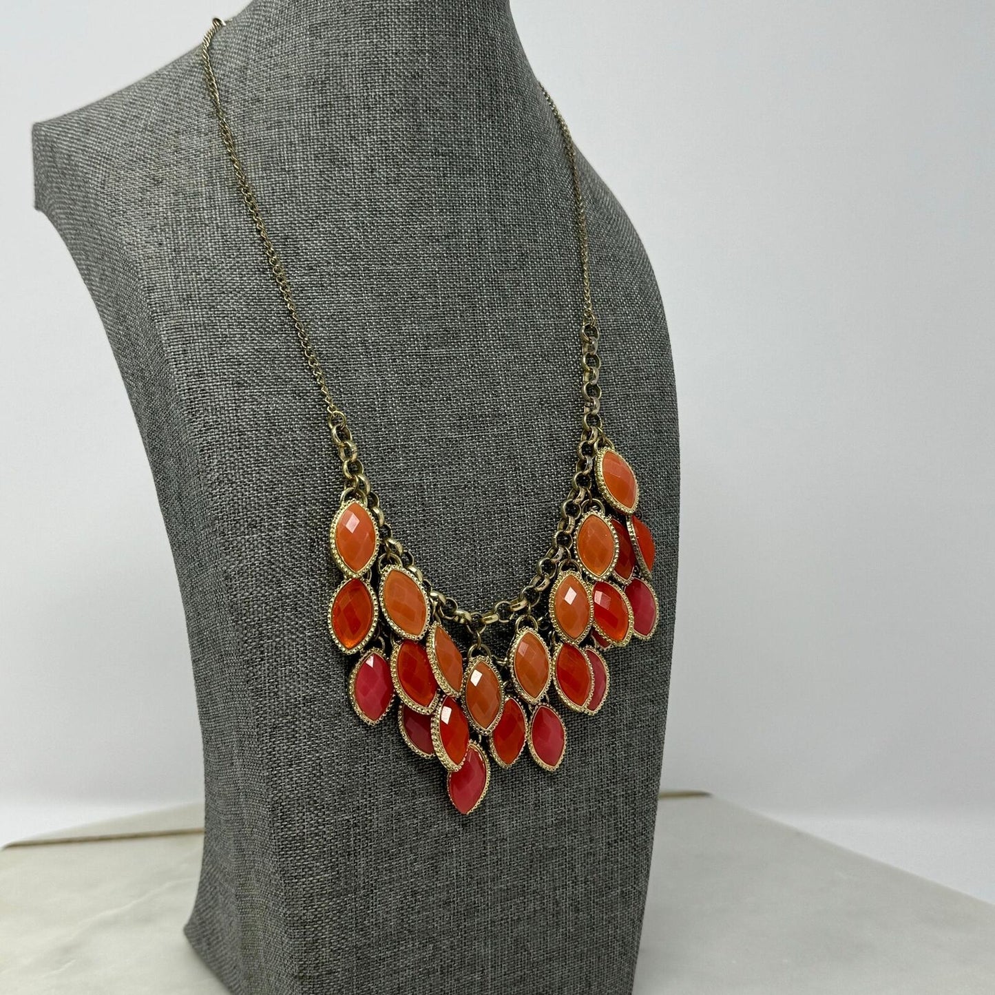Orange Teardrop Gold Chain Bib Necklace Fringe Statement Rhinestone 18”