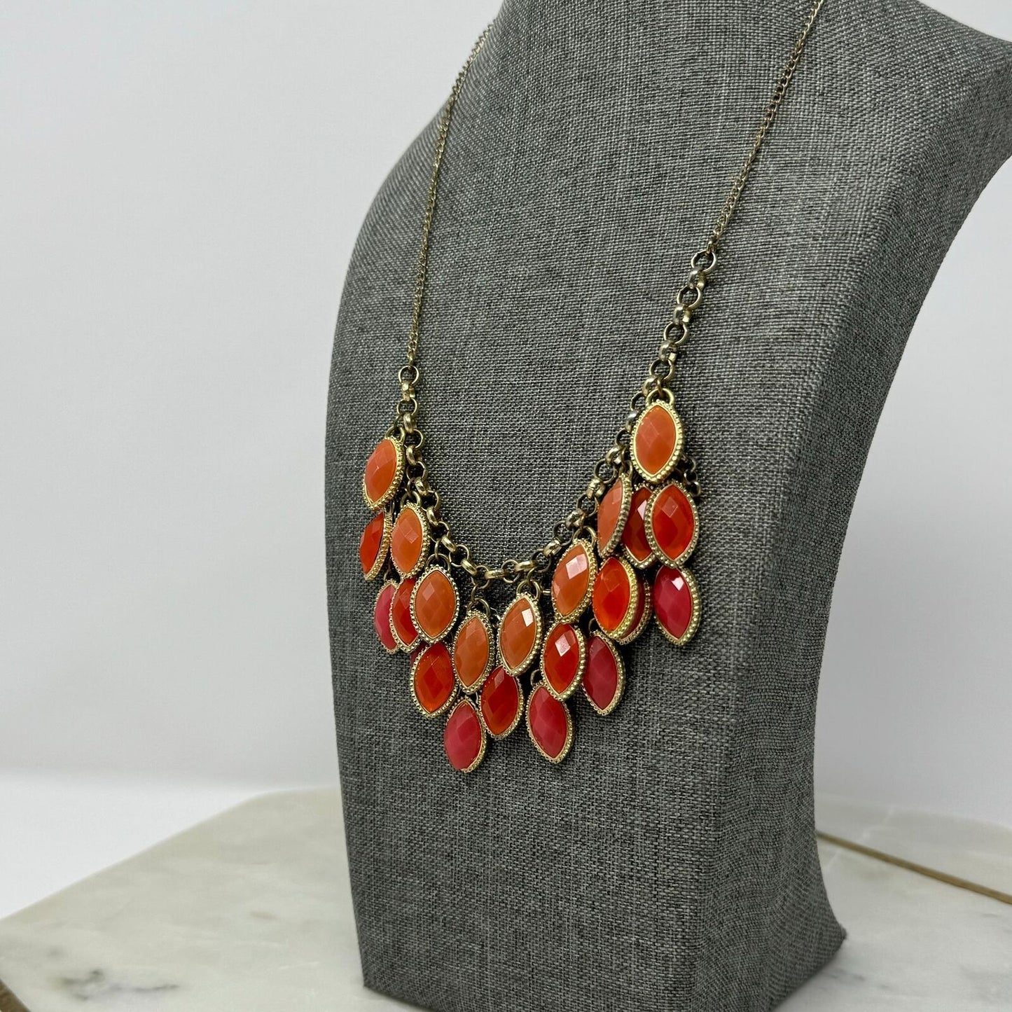 Orange Teardrop Gold Chain Bib Necklace Fringe Statement Rhinestone 18”