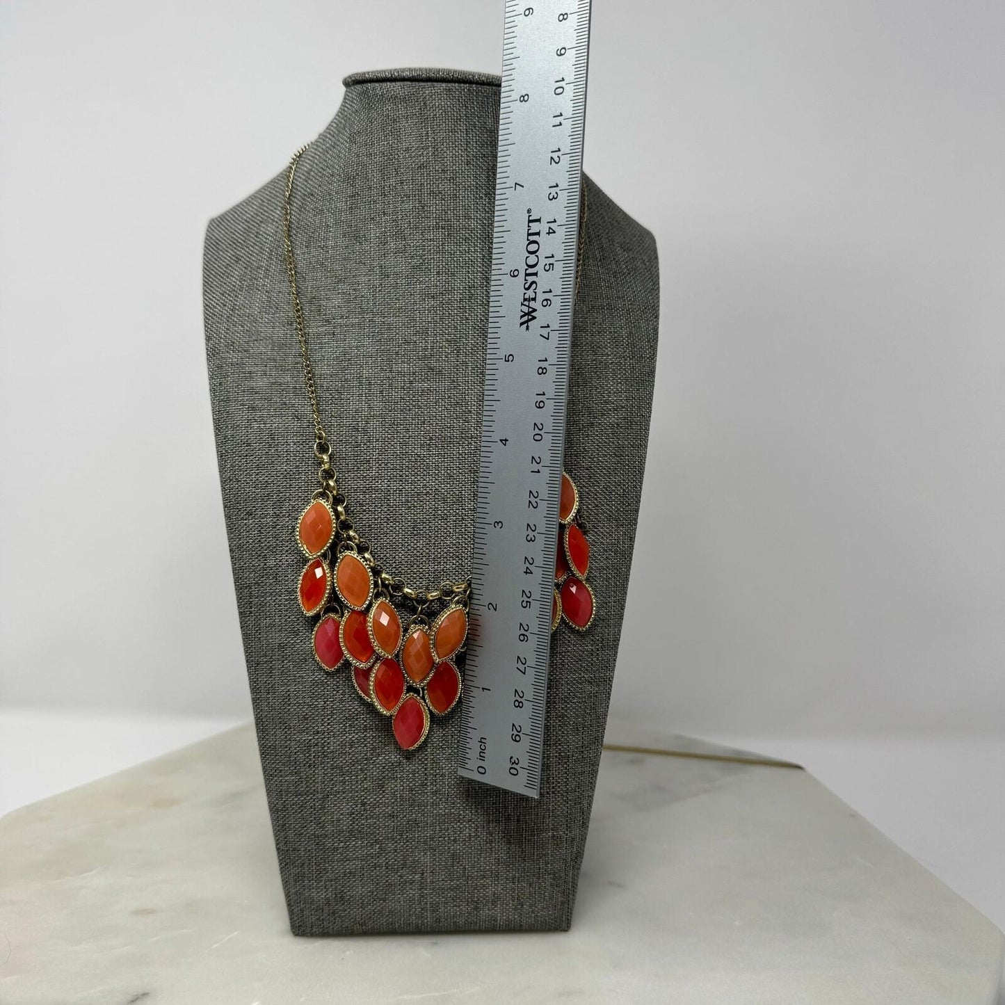 Orange Teardrop Gold Chain Bib Necklace Fringe Statement Rhinestone 18”