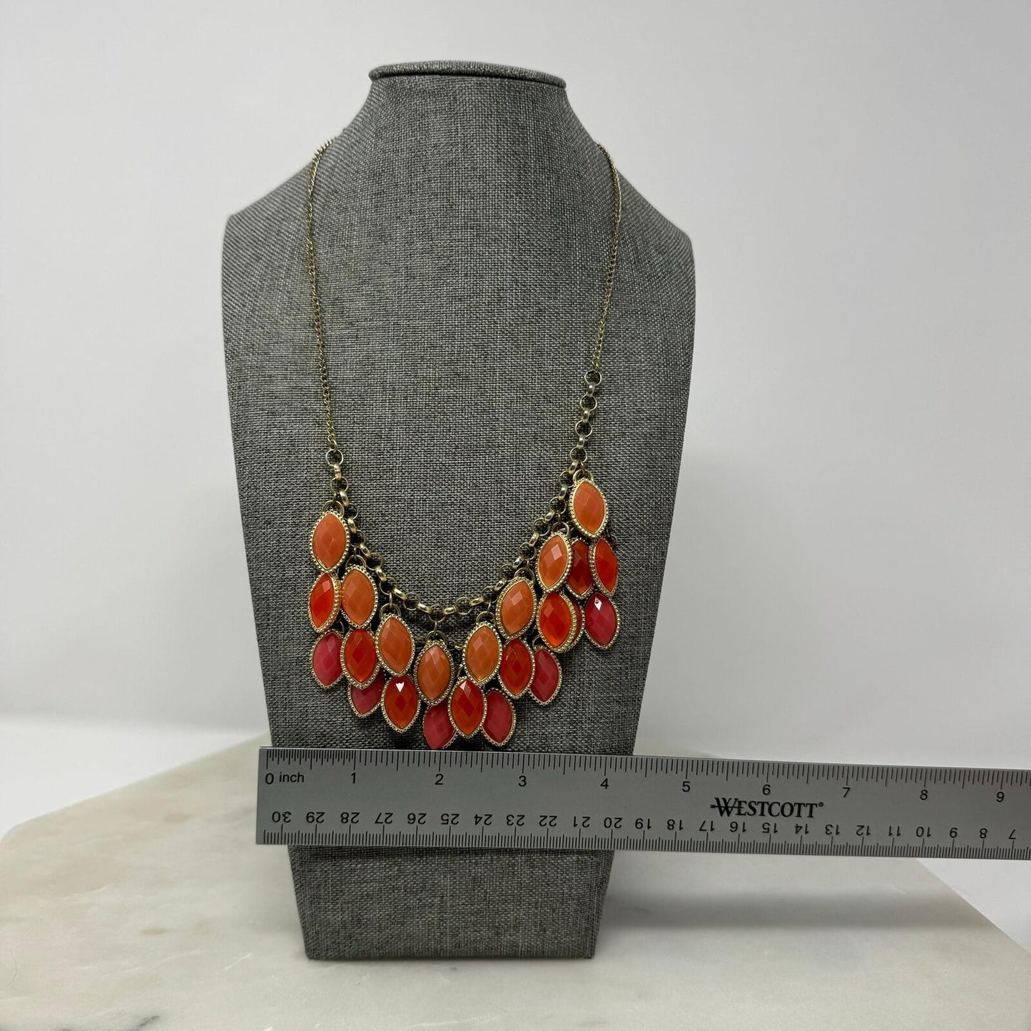 Orange Teardrop Gold Chain Bib Necklace Fringe Statement Rhinestone 18”