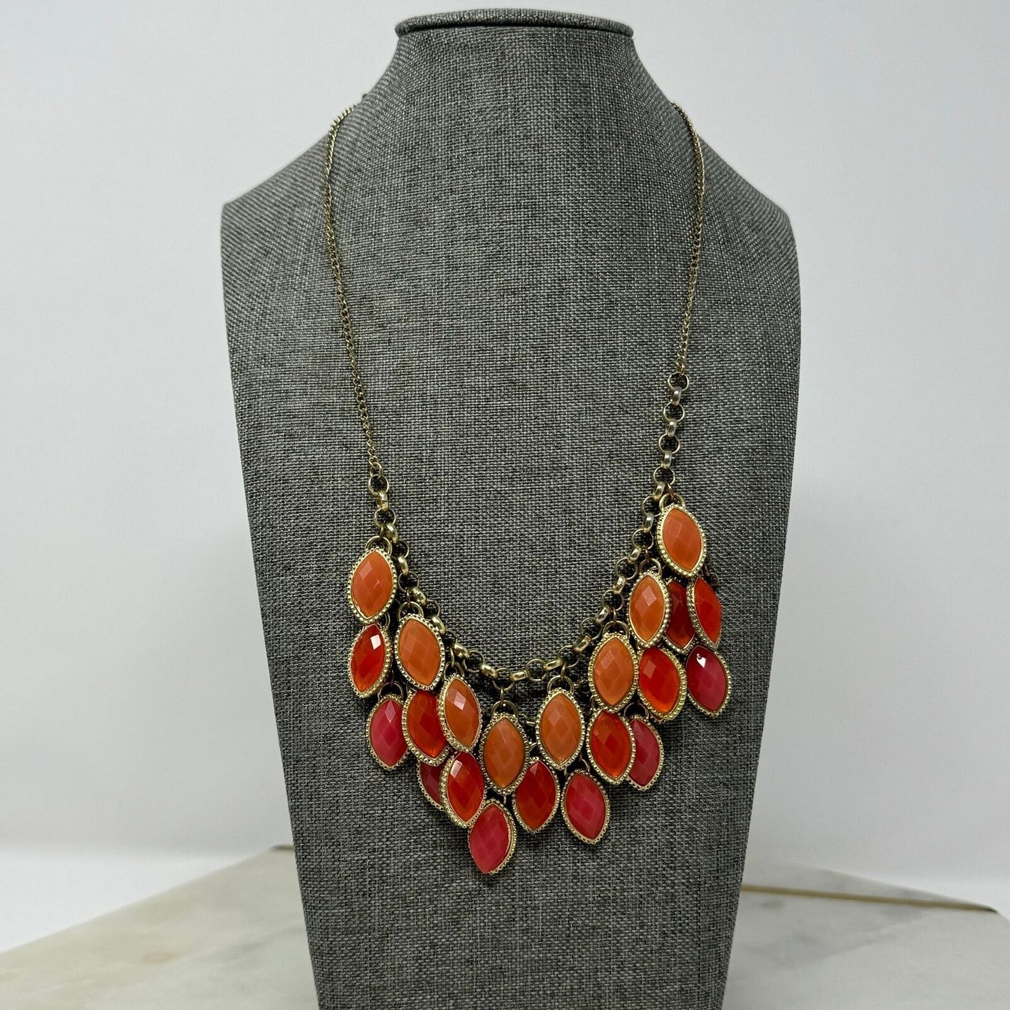 Orange Teardrop Gold Chain Bib Necklace Fringe Statement Rhinestone 18”