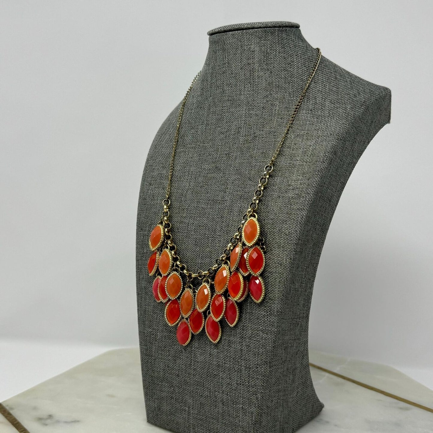Orange Teardrop Gold Chain Bib Necklace Fringe Statement Rhinestone 18”