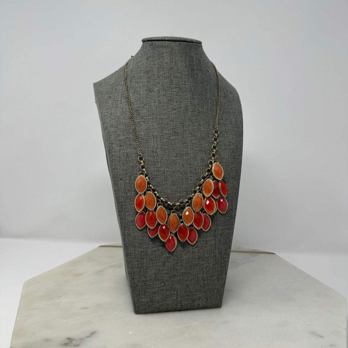 Orange Teardrop Gold Chain Bib Necklace Fringe Statement Rhinestone 18”
