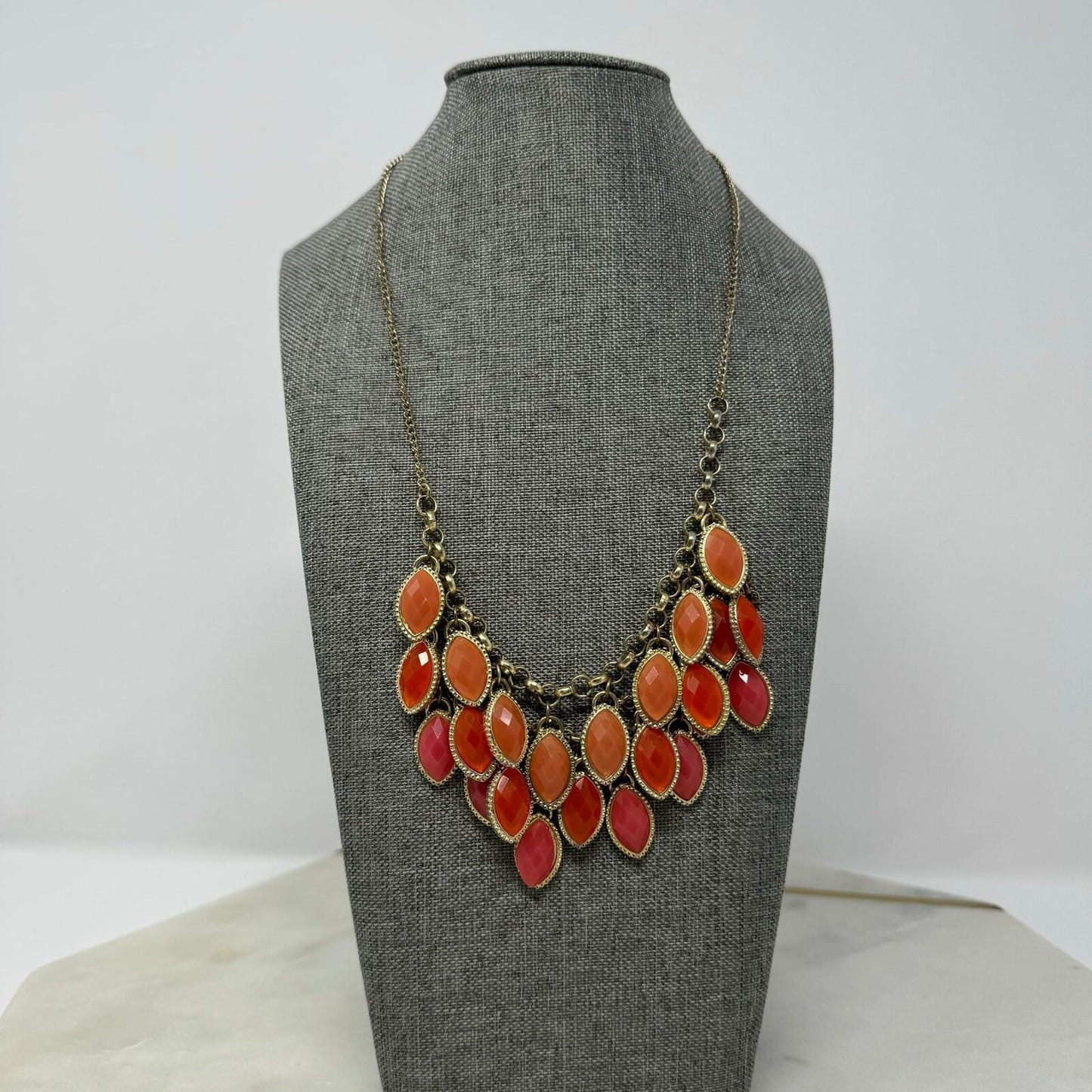Orange Teardrop Gold Chain Bib Necklace Fringe Statement Rhinestone 18”