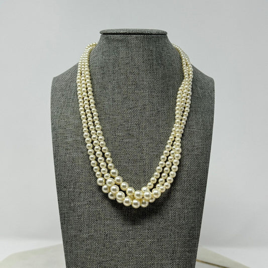 Vintage Multi-Layer Ivory Pearl Statement Necklace Elegant Classy Design 16”