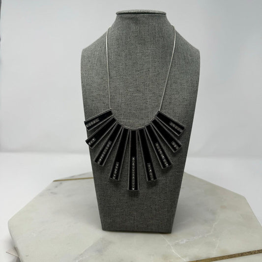 Paparazzi Necklace & Earring Set Black & Silver Rhinestone Accent Bib Statement