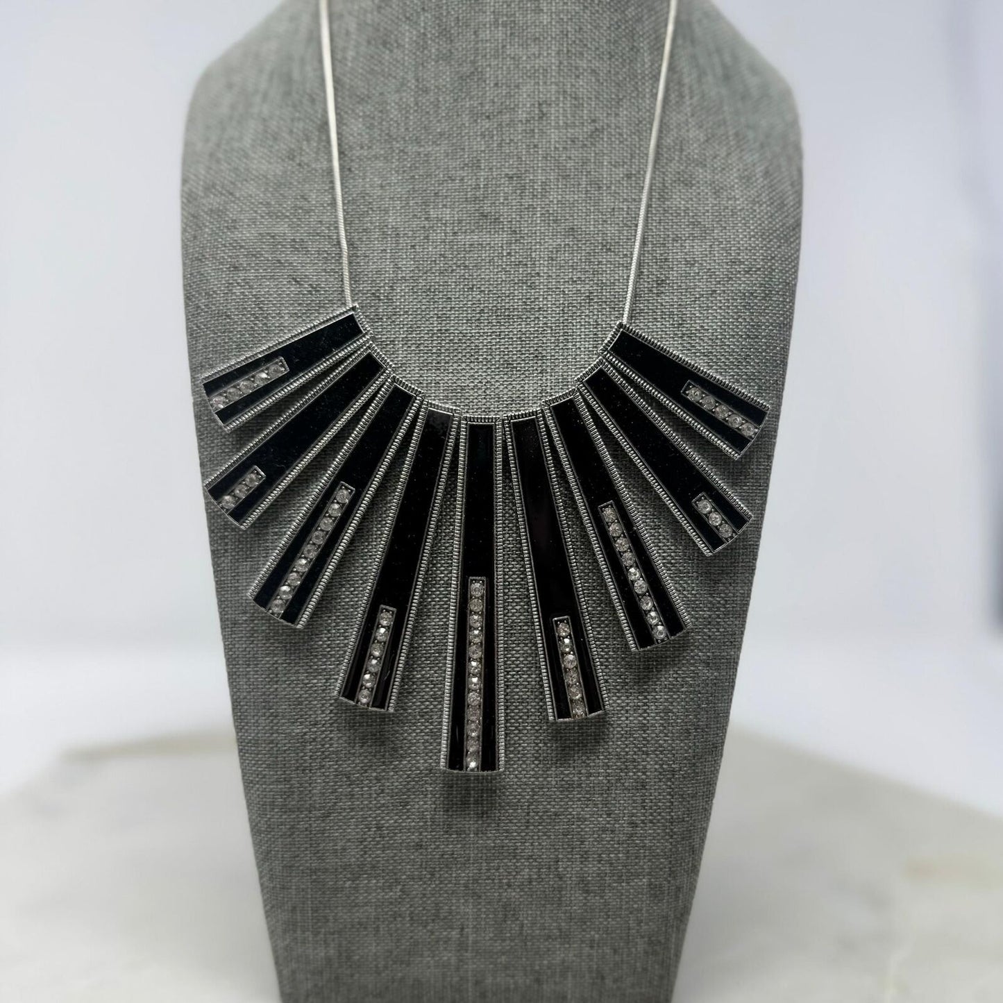Paparazzi Necklace & Earring Set Black & Silver Rhinestone Accent Bib Statement