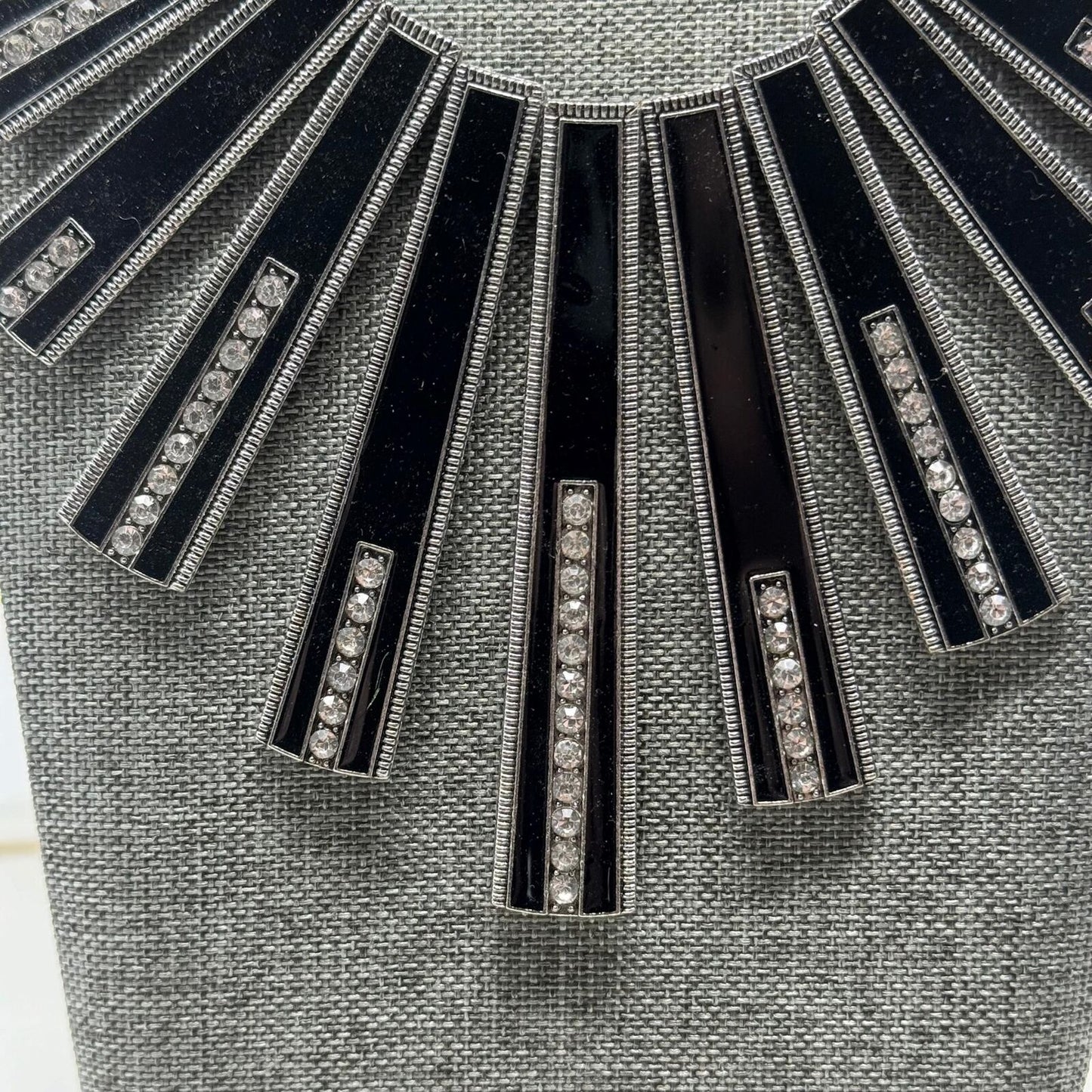 Paparazzi Necklace & Earring Set Black & Silver Rhinestone Accent Bib Statement
