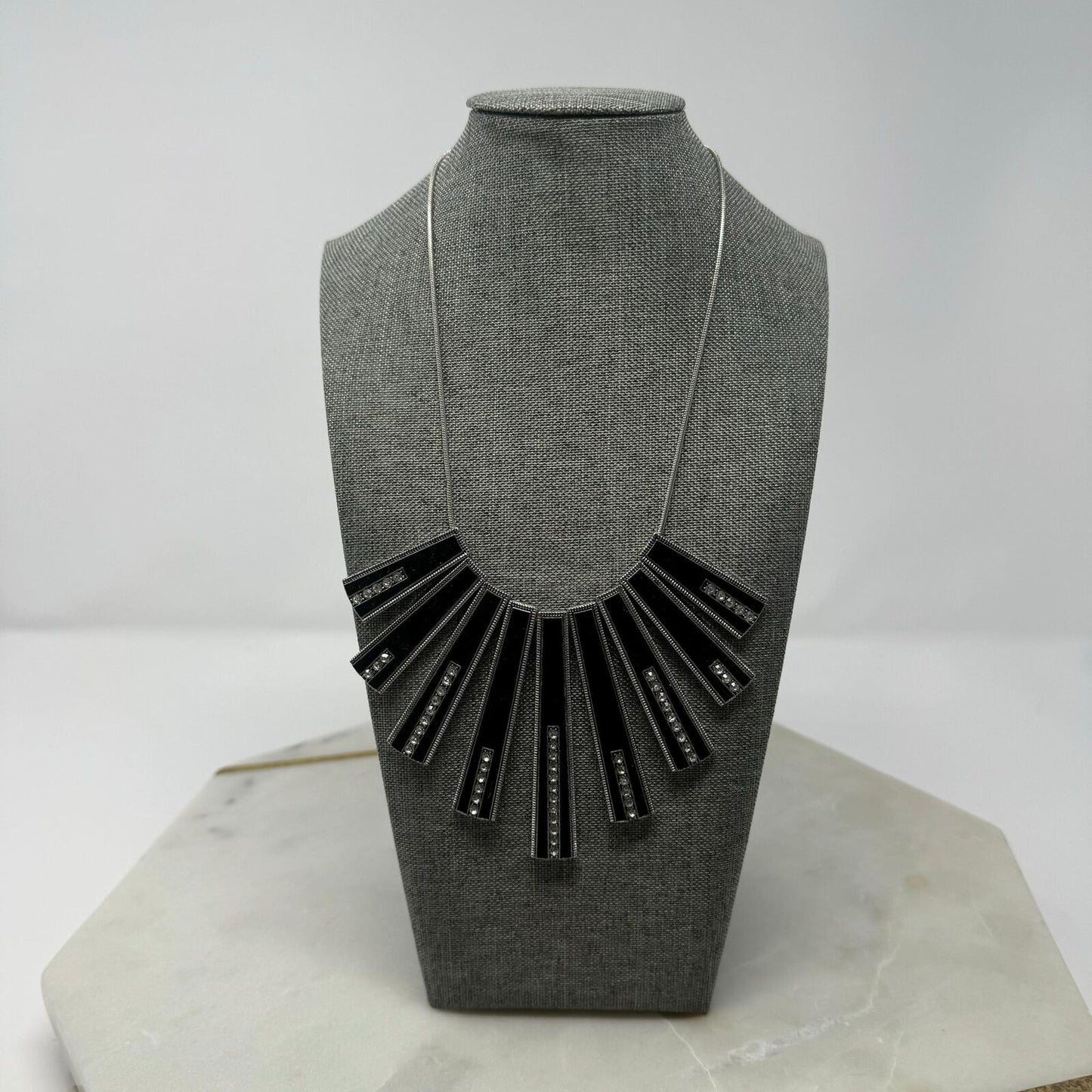 Paparazzi Necklace & Earring Set Black & Silver Rhinestone Accent Bib Statement