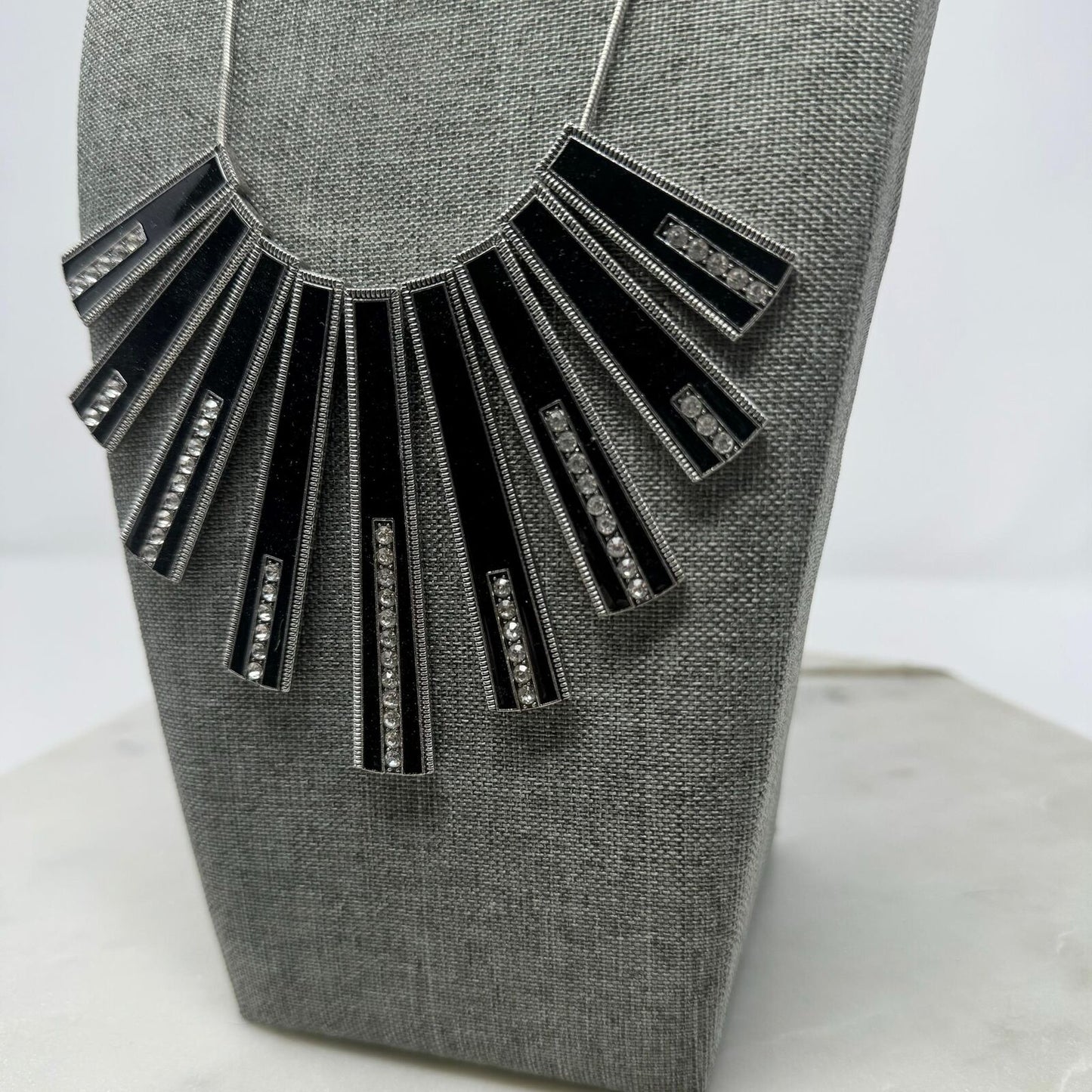 Paparazzi Necklace & Earring Set Black & Silver Rhinestone Accent Bib Statement