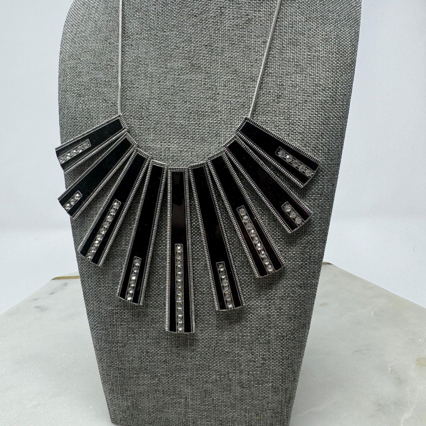 Paparazzi Necklace & Earring Set Black & Silver Rhinestone Accent Bib Statement