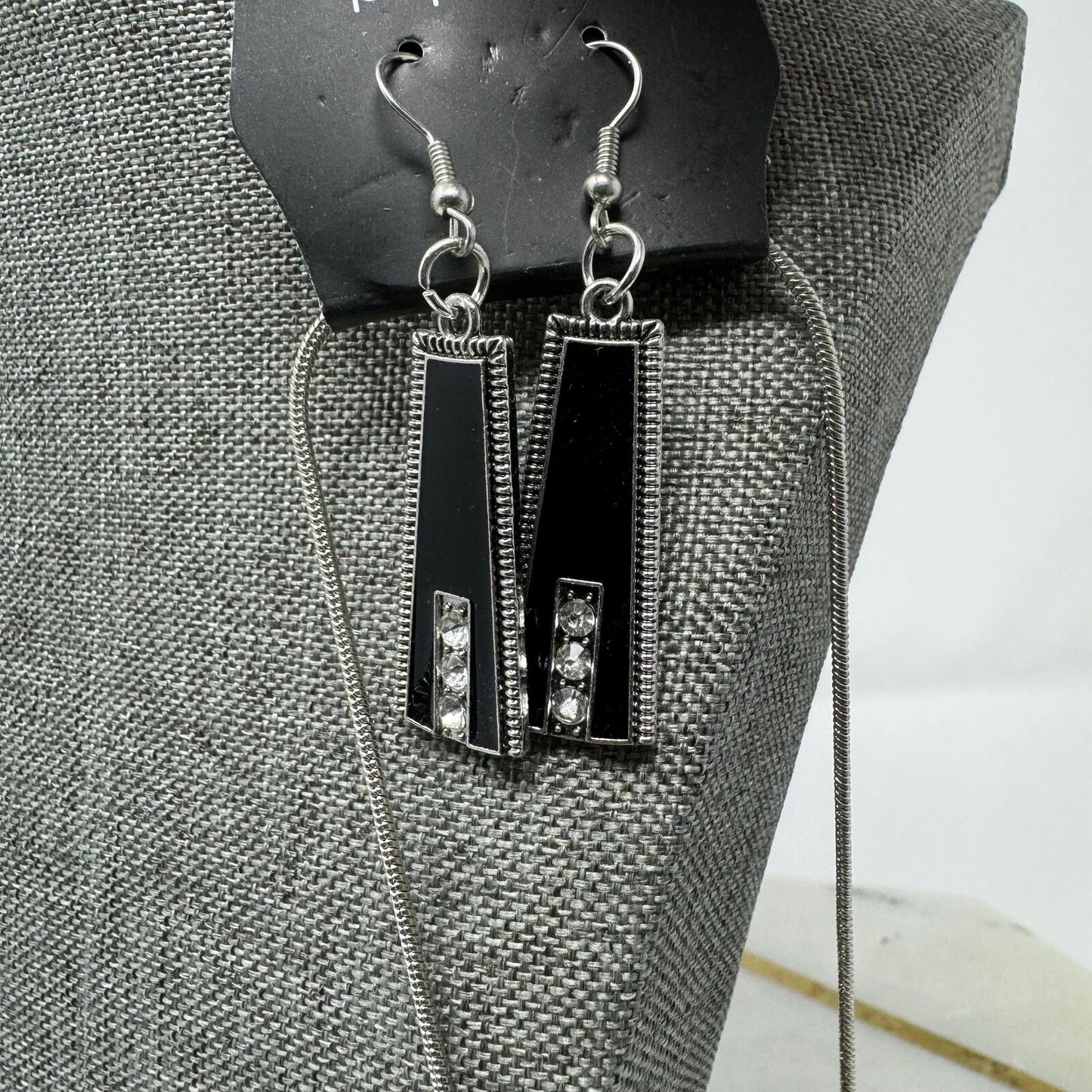 Paparazzi Necklace & Earring Set Black & Silver Rhinestone Accent Bib Statement