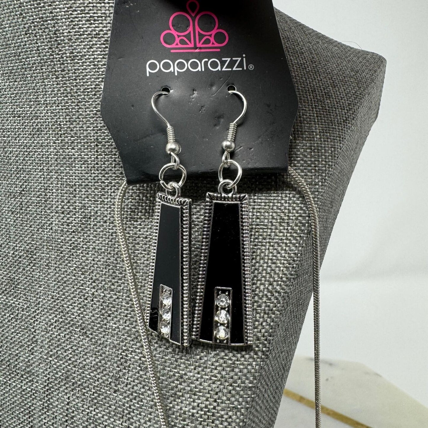 Paparazzi Necklace & Earring Set Black & Silver Rhinestone Accent Bib Statement