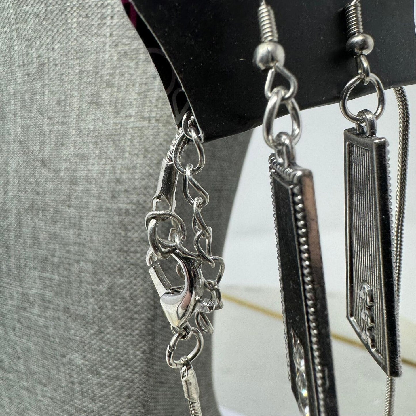 Paparazzi Necklace & Earring Set Black & Silver Rhinestone Accent Bib Statement
