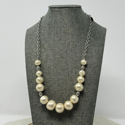 Lia Sophia Necklace Silver Chain Graduated Off White Pearl Rhinestone Accent 18”