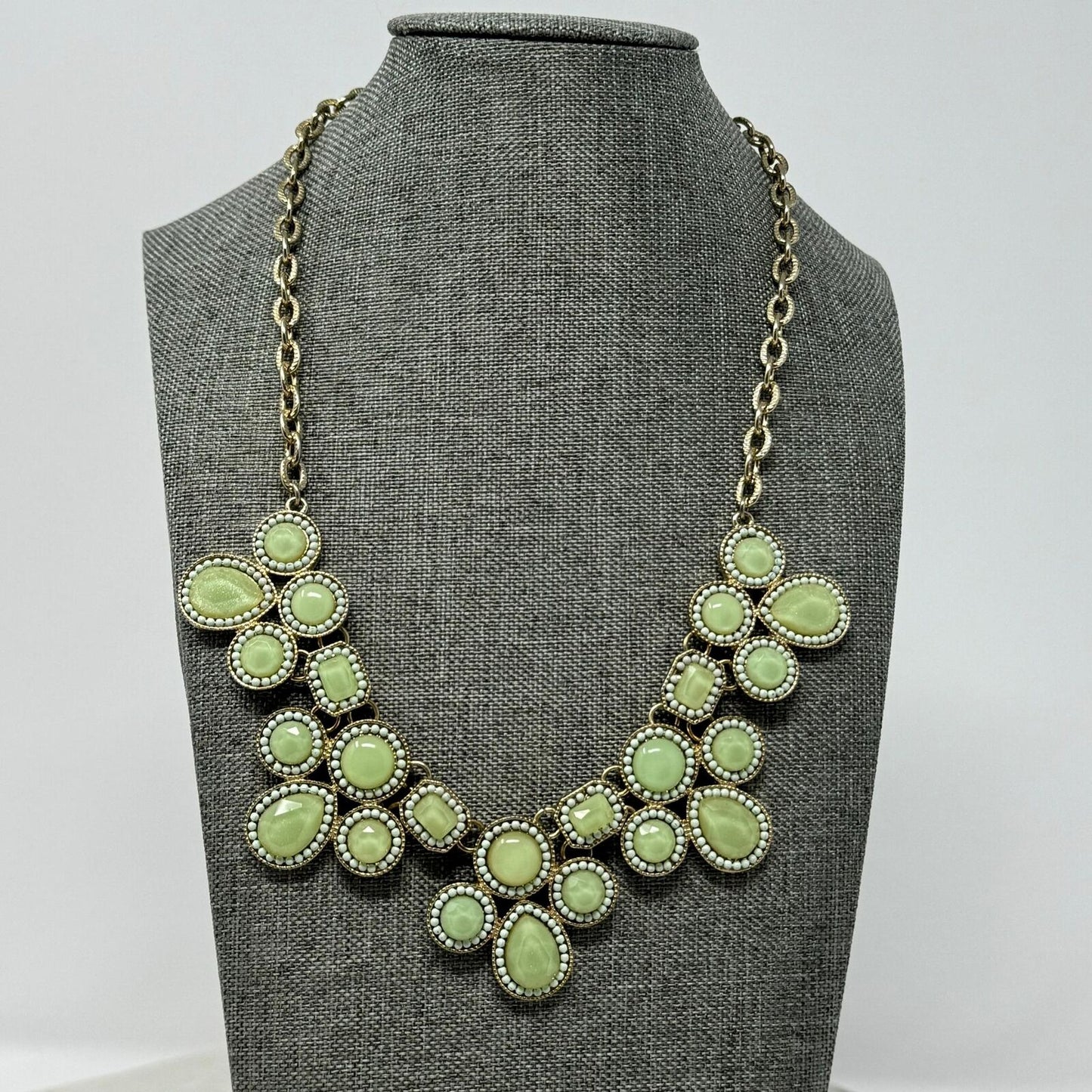 Statement Necklace Lime Green Faceted Rhinestone Bib Gold Chain Elegant 18”