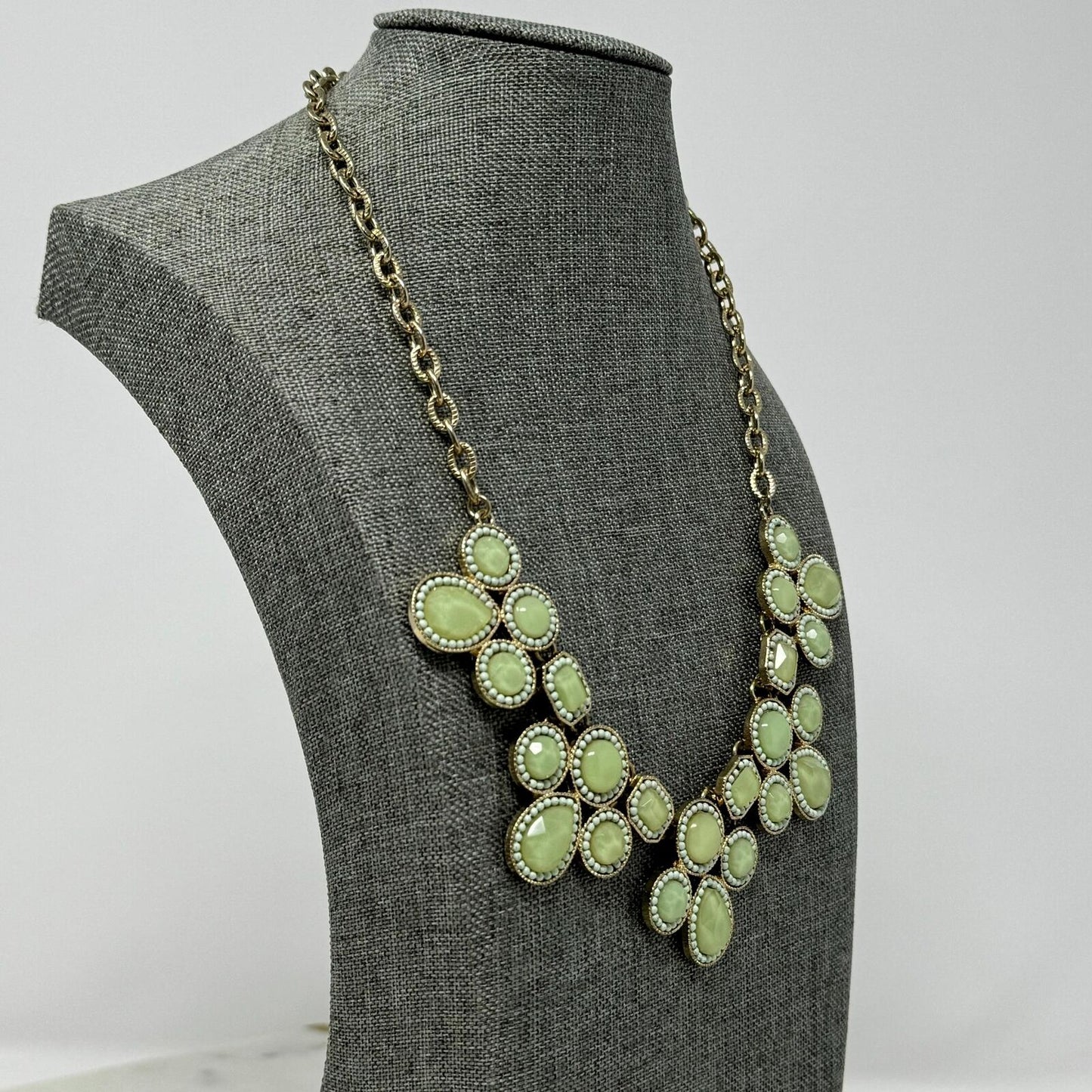 Statement Necklace Lime Green Faceted Rhinestone Bib Gold Chain Elegant 18”