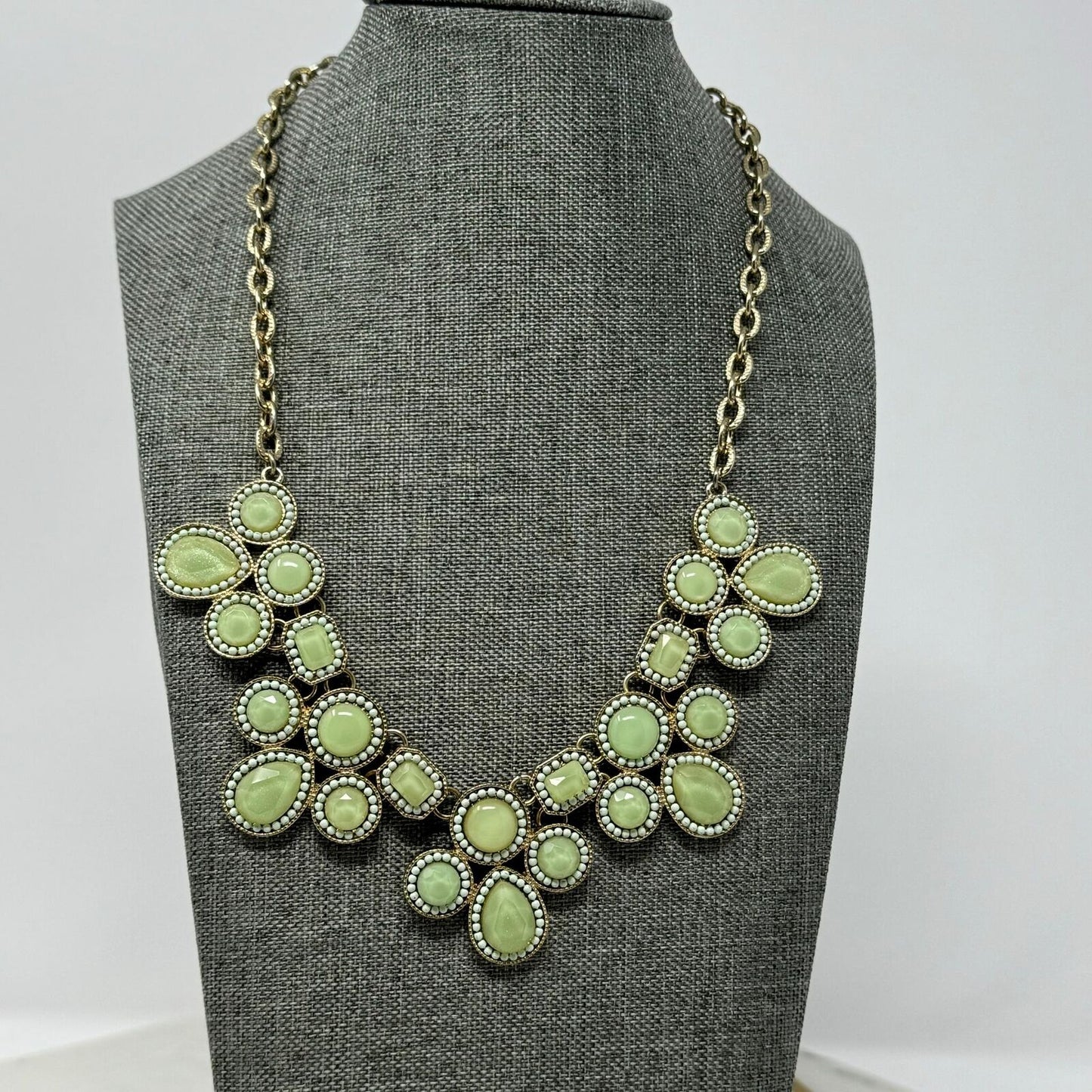 Statement Necklace Lime Green Faceted Rhinestone Bib Gold Chain Elegant 18”