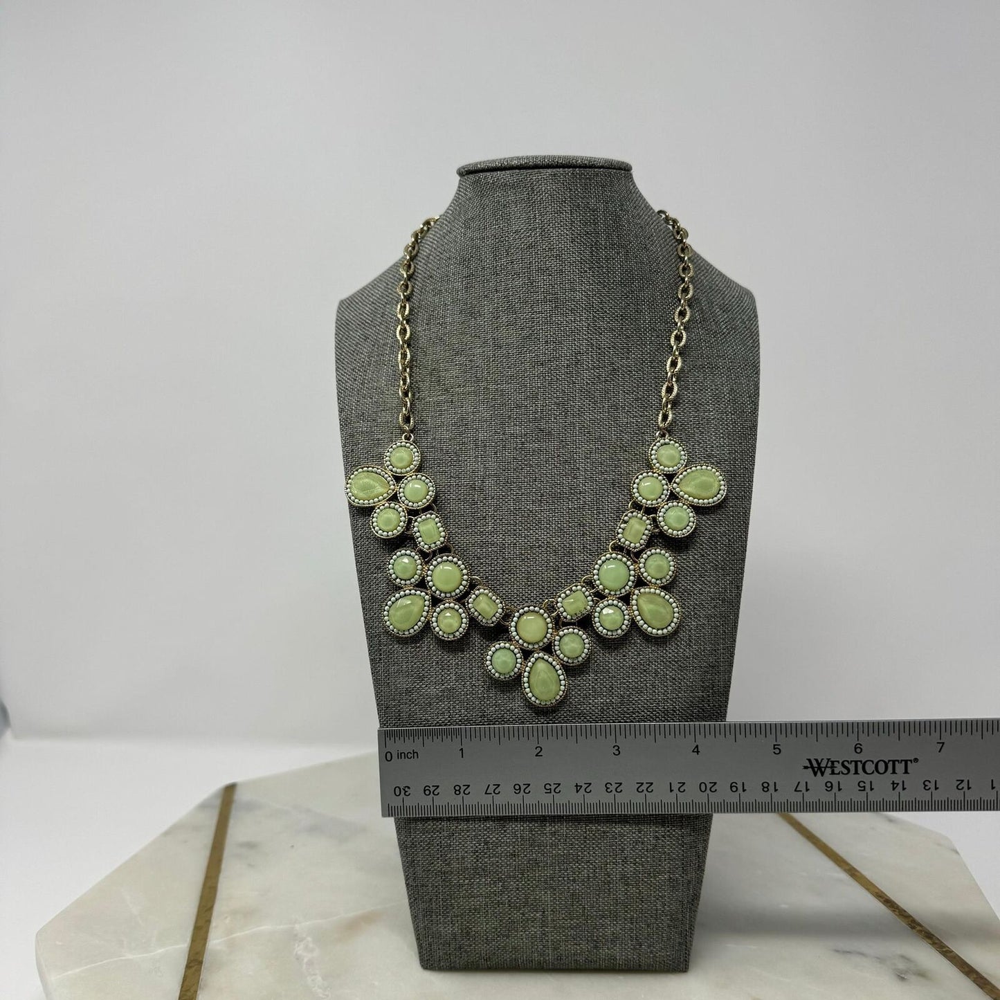 Statement Necklace Lime Green Faceted Rhinestone Bib Gold Chain Elegant 18”