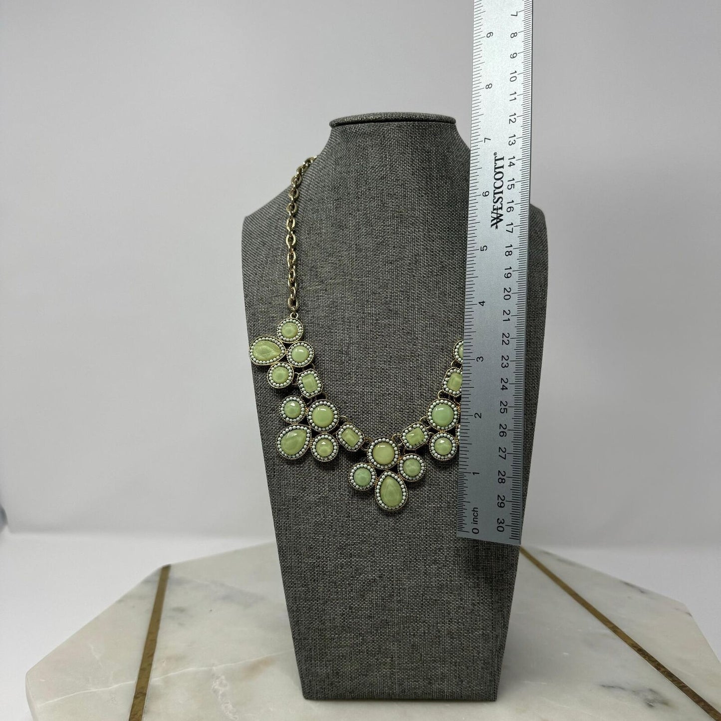 Statement Necklace Lime Green Faceted Rhinestone Bib Gold Chain Elegant 18”
