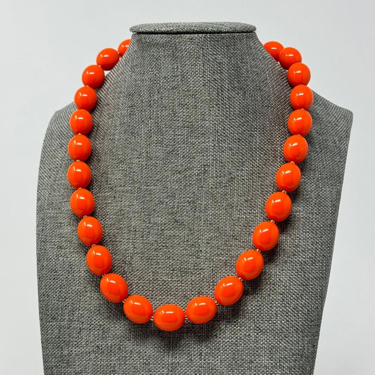 Orange Bib Necklace Large Round Vibrant Uniform Glossy Beads Bold Modern 16”
