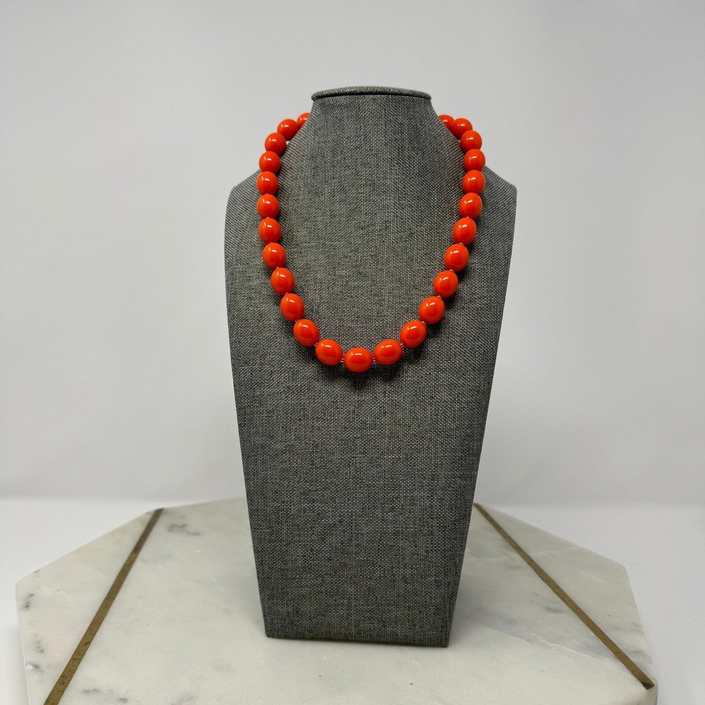 Orange Bib Necklace Large Round Vibrant Uniform Glossy Beads Bold Modern 16”
