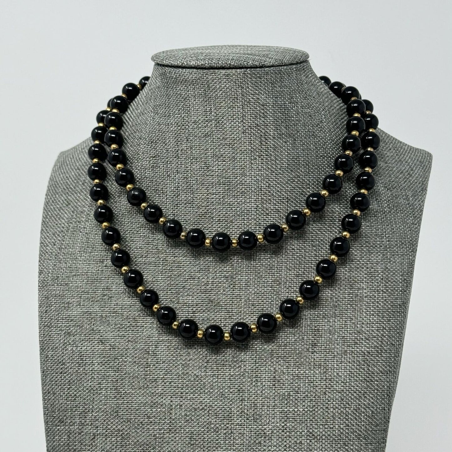 Black & Gold Beaded Necklace Elegant Glossy Uniform Round Beads Sleek 28”