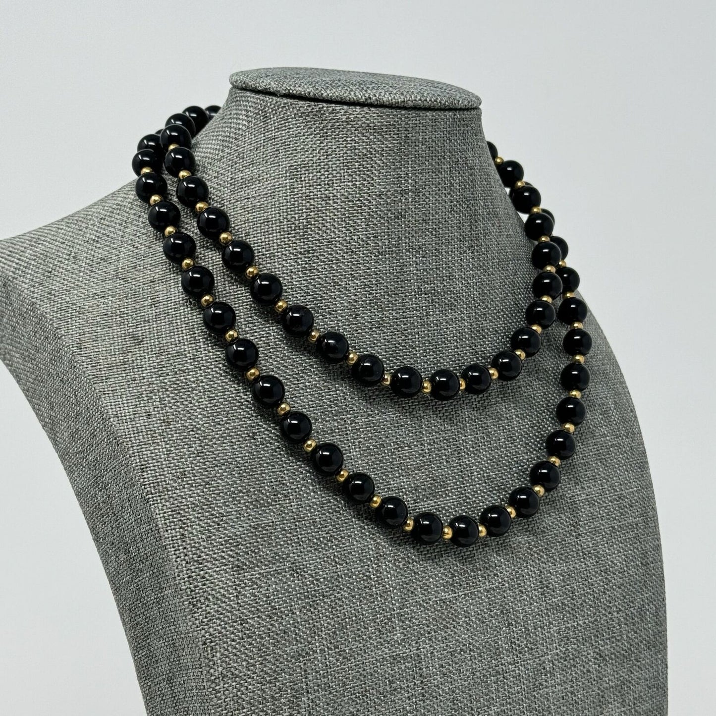 Black & Gold Beaded Necklace Elegant Glossy Uniform Round Beads Sleek 28”