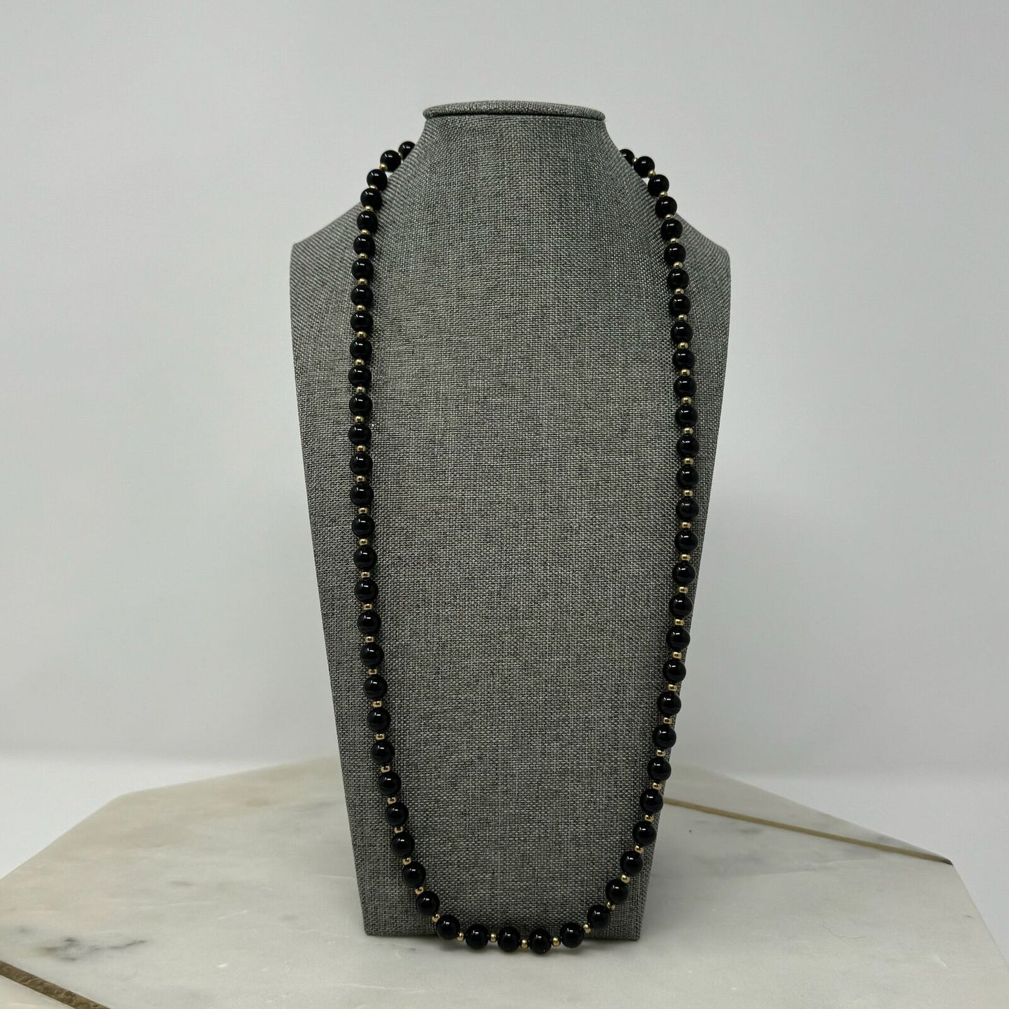 Black & Gold Beaded Necklace Elegant Glossy Uniform Round Beads Sleek 28”