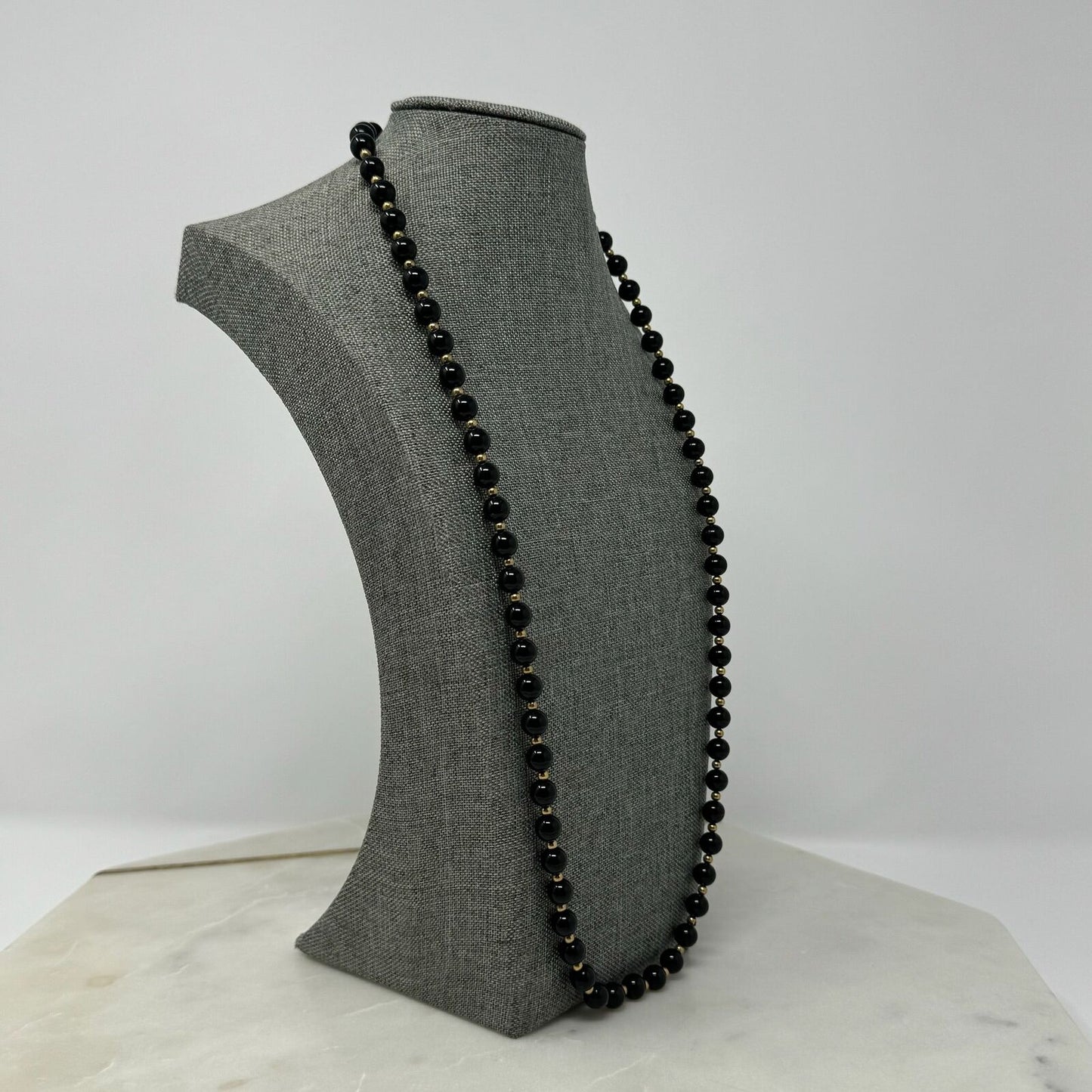 Black & Gold Beaded Necklace Elegant Glossy Uniform Round Beads Sleek 28”