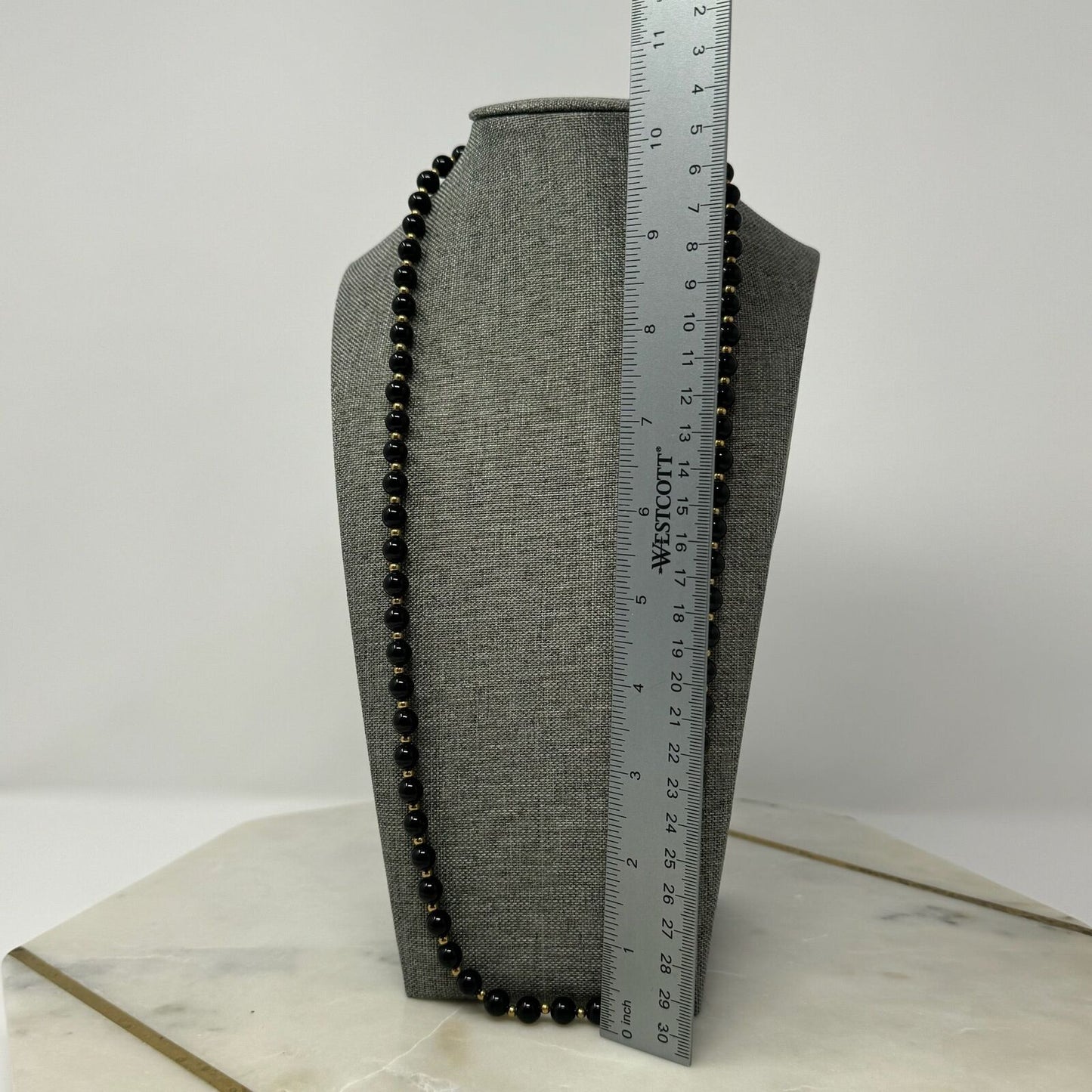 Black & Gold Beaded Necklace Elegant Glossy Uniform Round Beads Sleek 28”