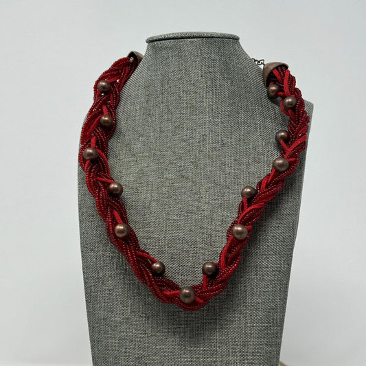 Red Braided Necklace Multilayer Seed Bead Strands Bronze Rounded Accent Beads 18”