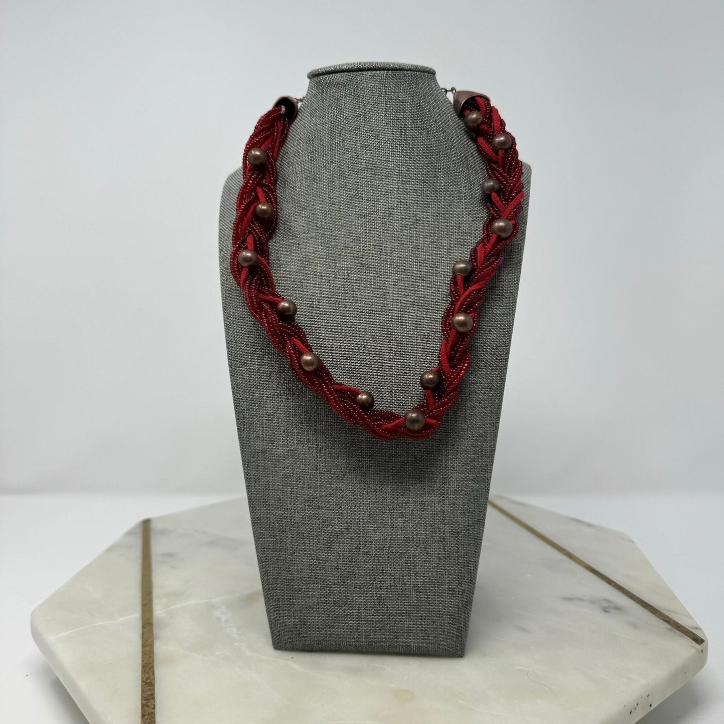 Red Braided Necklace Multilayer Seed Bead Strands Bronze Rounded Accent Beads 18”
