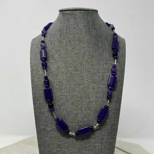 Purple Beaded Bib Necklace Cyndrical, Round, Multi Shade Smooth Glass Beads Elegant 20”