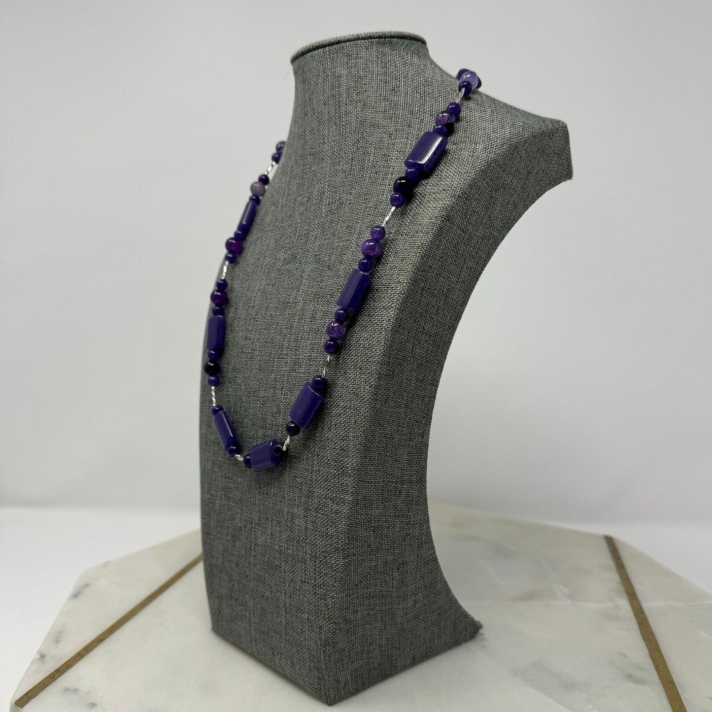 Purple Beaded Bib Necklace Cyndrical, Round, Multi Shade Smooth Glass Beads Elegant 20”
