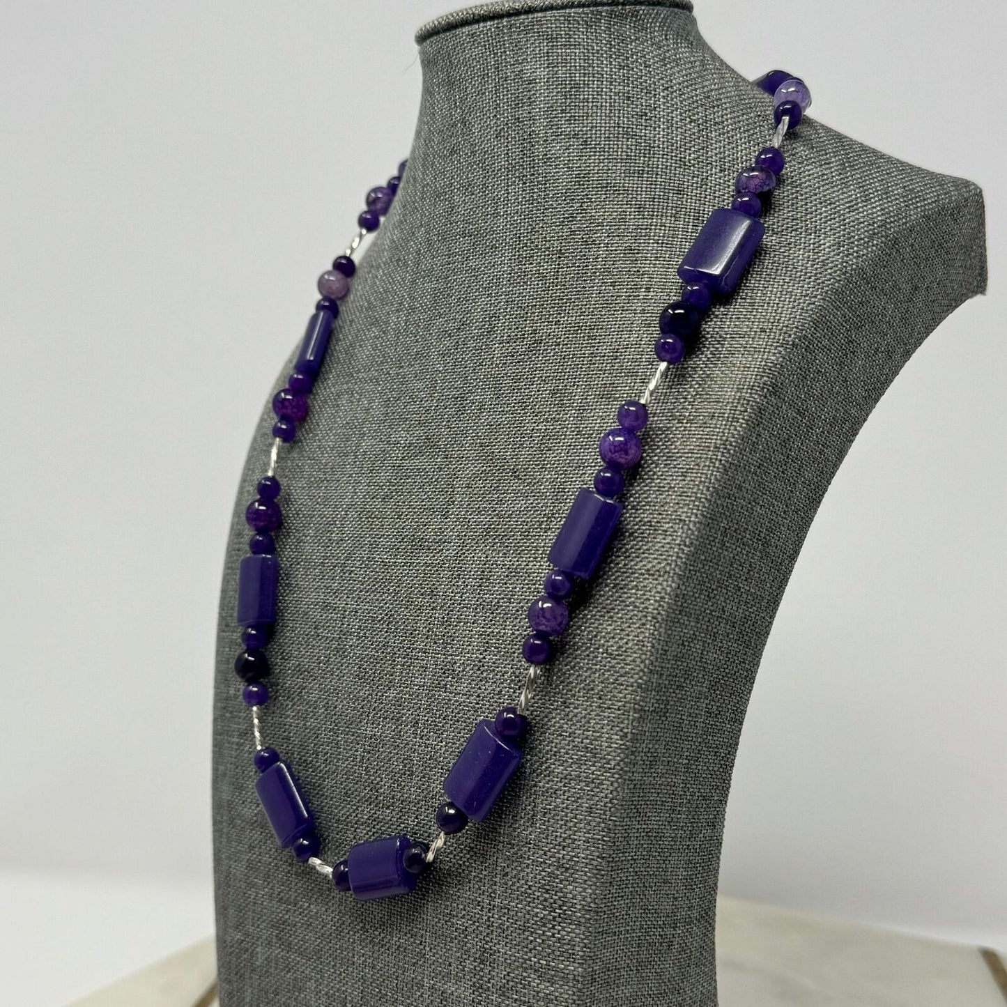 Purple Beaded Bib Necklace Cyndrical, Round, Multi Shade Smooth Glass Beads Elegant 20”