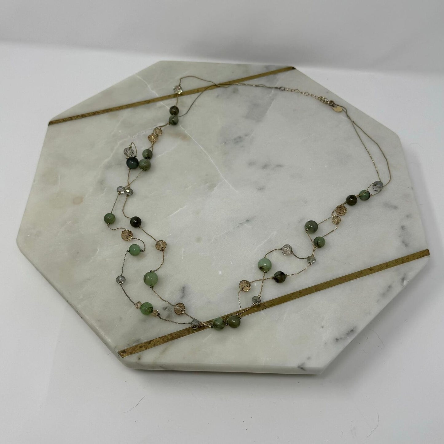 Charming Charlie Gold Necklace Multi-Layer Station Green Beads Elegant Delicate 36”