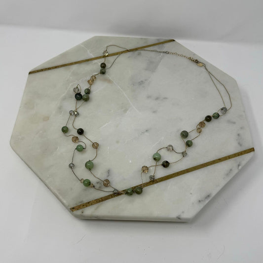 Charming Charlie Gold Necklace Multi-Layer Station Green Beads Elegant Delicate 36”