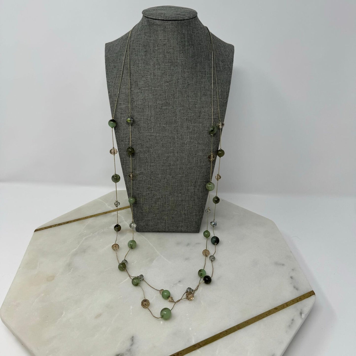 Charming Charlie Gold Necklace Multi-Layer Station Green Beads Elegant Delicate 36”