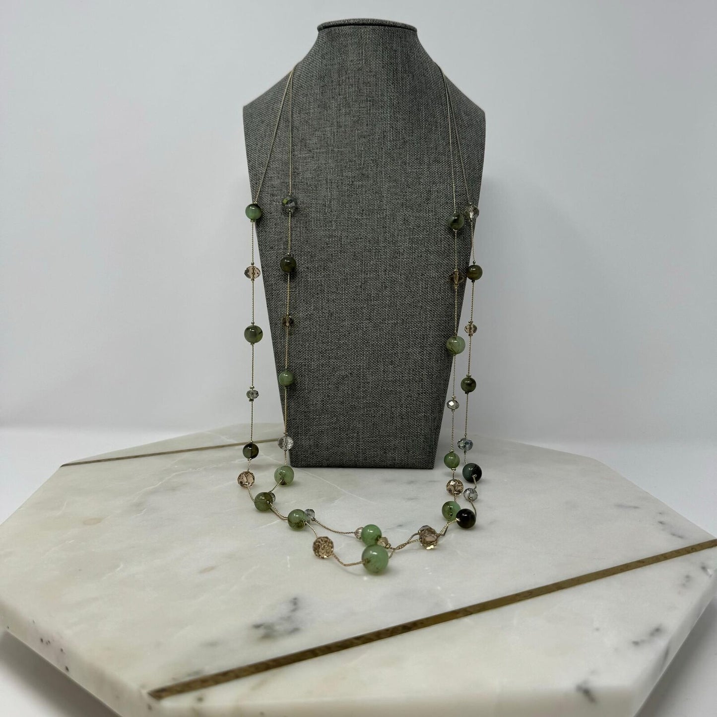 Charming Charlie Gold Necklace Multi-Layer Station Green Beads Elegant Delicate 36”